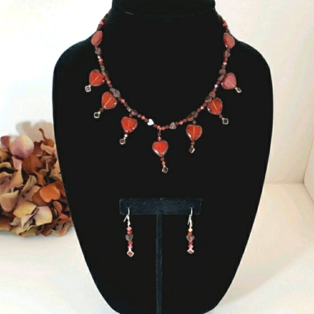 Handmade Genuine Garnet by Berkshire MA Artist  Red Heart Necklace & Earrings